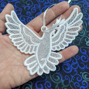Dove Ornament, Free Standing Lace Bird, Peace Mirror Charm, Customizable Christian Gift Tag, FSL Embroidered Baptism Dove