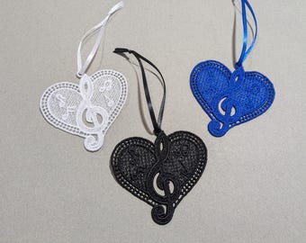 Musical Heart Ornament, Free Standing Lace Treble Clef, FSL Music Note Charm, Musician Gift Tag, Music Teacher Christmas Hanging
