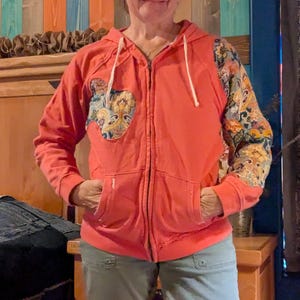 Upcycled Salmon Pink Zippered Hoodie L/XL, Boho Woven Blanket Patchwork Sweatshirt, Floral Bird Cutouts, One of a Kind Wearable Art