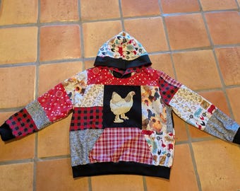 Patchwork Chicken Hoodie, Upcycled Farm Flannel Lined Sweatshirt, L/XL