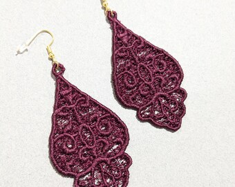 Large Lace Dangle Earrings, Big Embroidered Statement Earrings, Boho Filigree Teardrop, Hypoallergenic Gold Silver Hooks, Custom Color Gift
