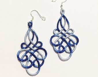 Blue Embroidered Dangle Earrings: Hypoallergenic Sterling Silver or Gold Hooks