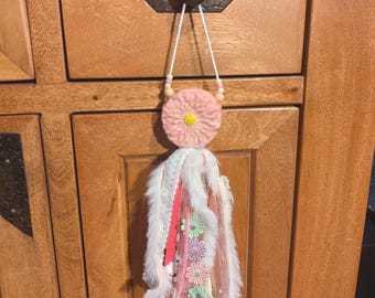 Ceramic Pink Flower Ribbon Tassel Door Hanger, Pastel Floral Nursery Decor, Girls Room Cabinet Knob Charm, Faux Fur Lace Accent, Baby Gift