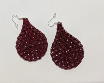 Earrings, Burgandy or Maroon Color Bohemian or Boho Hippy Earrings Embroidered Dangle Earrings w/ 925 Sterling Silver Hooks