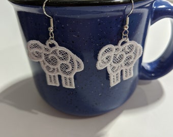 Earrings, White Sheep Embroidered Lacy Dangle Earrings with 925 Sterling Silver Hypo-Allergenic Hooks