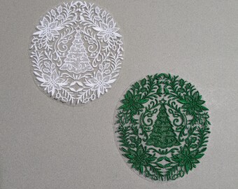 Organza Christmas Doily, Embroidered Candle Mat, Pine Tree Ornament, Poinsettia Table Decoration, Sheer Christmas Decor, Holiday Coaster