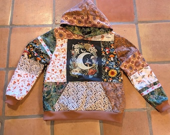 Upcycled Patchwork Hoodie with Mushroom Moon Graphic, Flannel Lined Cottagecore Pullover, Handmade Boho Mushroom Harvest Sweatshirt Size M/L