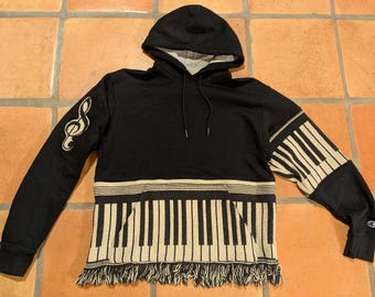 Upcycled Champion Hoodie, Piano Blanket, Treble Clef, Size Medium