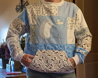 Flannel Lined Patchwork Hedgehog Sweatshirt, Topstitched Reinforced Upcycled Cotton Pullover L