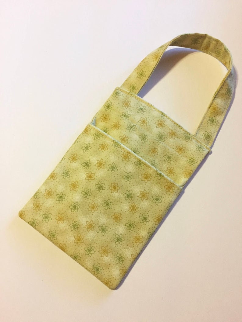 Light Green Leaves or Foliage with Metalic Flowers Pocket Door Knob Pouch with a Hanging Loop Cell Phone Charging Pocket