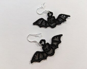 Embroidered Black Bat Earrings: Lacy Dangle Earrings, Hypoallergenic Hooks
