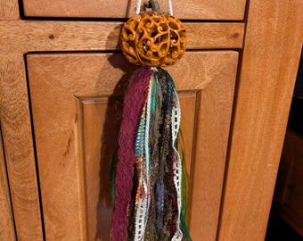 Filigree Pumpkin Ribbon Tassel Door Hanger, Burgundy Gold Fall Decor, Carved Pumpkin Bag Charm, Autumn Mixed Media Tassel, Thanksgiving Gift