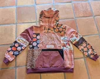 Upcycled Pumpkin Spice Graphic Patchwork Hoodie, Flannel Lined Fall Pullover, Handmade Autumn Boho Sweatshirt, Vintage Truck Farmhouse L/XL