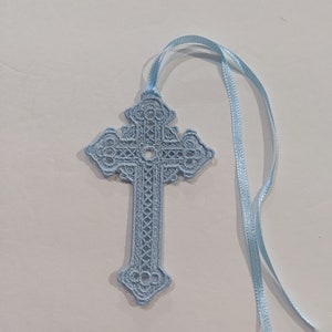 Ice Blue Lace Cross: Embroidered Bookmark, Ornament, Charm