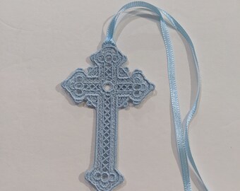 Ice Blue Lace Cross: Embroidered Bookmark, Ornament, Charm