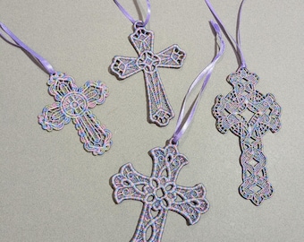 Embroidered FSL Lace Cross Ornament - Pastel Variegated Easter Decor - 4 Styles Available