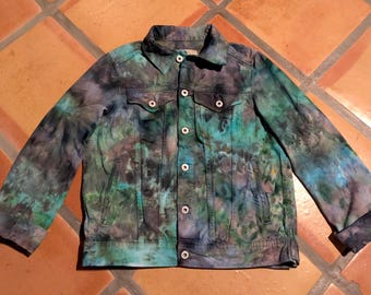 Chaqueta vaquera Ice Dye, teñido anudado a mano con diseño de galaxia, arte para vestir único, talla mediana.