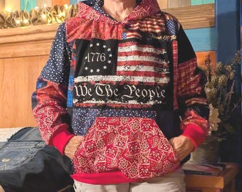 Upcycled Patriotic Patchwork Hoodie, USA Red White Blue Flannel Lined Americana Pullover XL