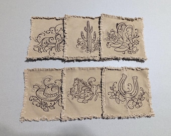 Upcycled Tan Jean Coasters (Set of 6) - Remade Denim Minimalist Mug Rugs, 5"