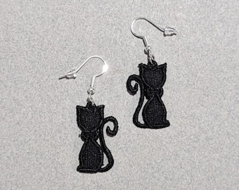 Small Black Cat Earrings, Embroidered Halloween Dangles, Kitty Lover Gift, Hypoallergenic Gold Silver, Custom Color Jewelry