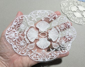 Sea Shell Embroidered Doily, Ocean Lace Coaster, Organza FSL Candle Mat, Beach Table Decor, Coastal Applique Embellishment