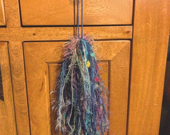 Boho Mixed Media Fiber Tassel Door Hanger, Sparkle Eyelash Yarn and Ribbon Charm, Chunky Blue Purple Cabinet Pull Accent, Whimsical Decor