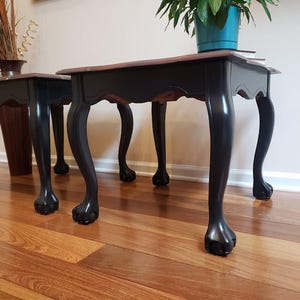 May include: Two black side tables with a dark wood top and claw feet. The tables have curved legs and are placed on a hardwood floor. One table has a vase with dried plants, and the other has a potted plant.