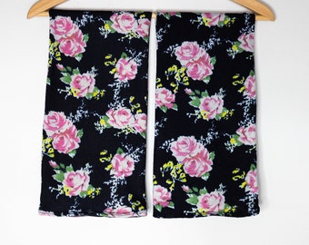 Rose Print Ballet Leg Warmers - Black Knit, Stretchy Polyester