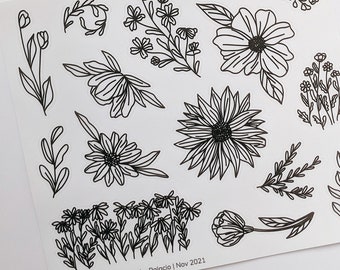 floral sticker sheet | 14 vinyl stickers | waterproof | line art | baby helmet | water bottle | laptop | black and white | Fleurish & Fable