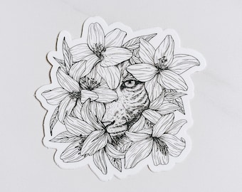 tiger lily | floral sticker | vinyl decal | hand drawn illustrated tiger | digital art | waterproof | black + white | Fleurish & Fable