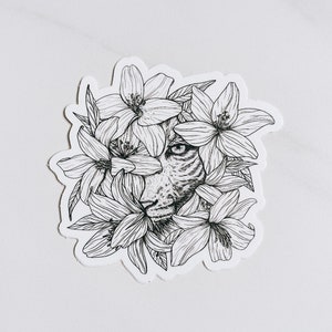 tiger lily | floral sticker | vinyl decal | hand drawn illustrated tiger | digital art | waterproof | black + white | thebecollective