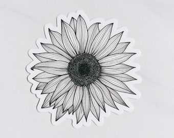 sunflower | flower sticker | vinyl sticker | floral | waterproof | illustration | water bottle | laptop | black and white | Fleurish & Fable