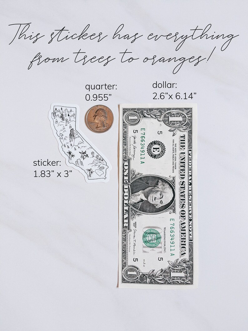 May include: A black and white sticker in the shape of California, with trees and other landmarks. The sticker is 1.83" x 3". A quarter and a dollar bill are next to the sticker for size comparison. The text above says "This sticker has everything from trees to oranges!"