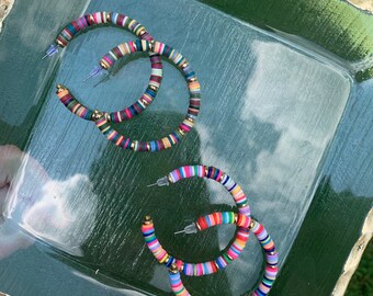 Polymer clay multicolored disc hoop earrings