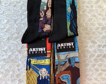 Novelty socks. artists mona lisa, the scream, persistence of memory, starry night. Secret Santa gift, birthday, art the garden