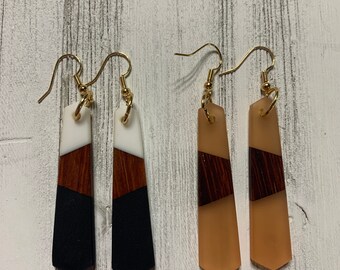 Unique Handmade Matte Long Wood and Acrylic Resin Dangle Earrings, Bohemian Hippie trendy