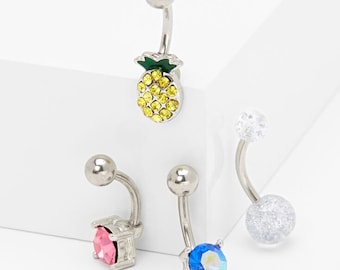 Silver 14G Crystal pineapple Belly Rings - 4 Pack Belly button piercing
