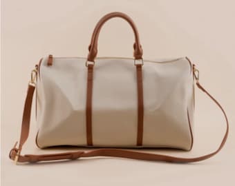 Cream and tan duffle weekender bag. Travel gift. High quality