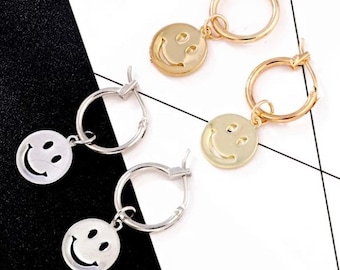 Smiley face dainty hoop gold earrings circle smile