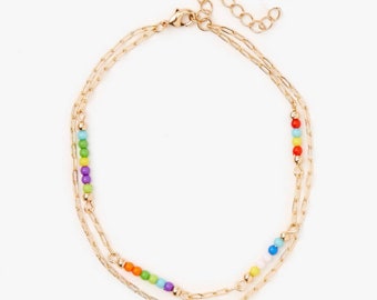 Gold rainbow beaded double chain anklet ankle Bracelet.