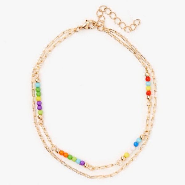 Gold rainbow beaded double chain anklet ankle Bracelet.