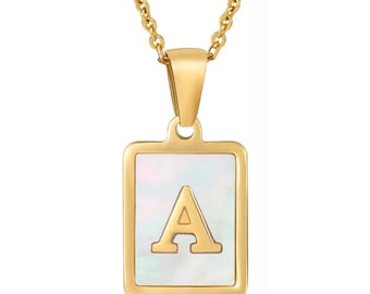 Gold Initial tag Necklace, monogram Letter, A-Z, Gold Square Necklace, Medallion pendant Necklace, You Pick The Letter burst tag Opal shell