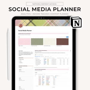 May include: A digital social media planner template for Notion displayed on a tablet screen with a white stylus. The interface features sections for creator analytics, income tracking, and content planning with a plaid header and polka dot icons.