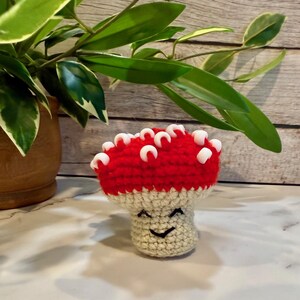 May include: A crocheted red and white mushroom with a smiling face. The mushroom has white beads around the top.