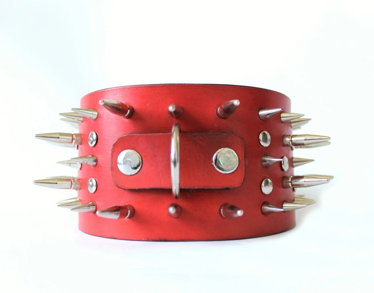 Handmade leather collar with spikes for dogs. Red. Etsy