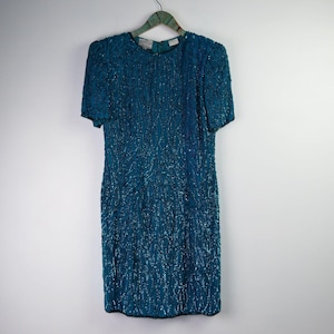 Vintage Stenay 100% Silk Aqua Full Sequin Dress 10
