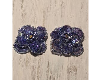 Vintage 1980s Purple Mesh Rhinestone Pearl Sequin Rhinestone Shoe Clips