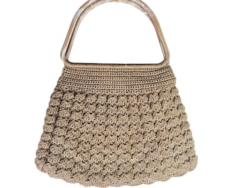 Vintage Large Swirl Double Handled Crochet Bubble Stitch Hobo Style Handbag