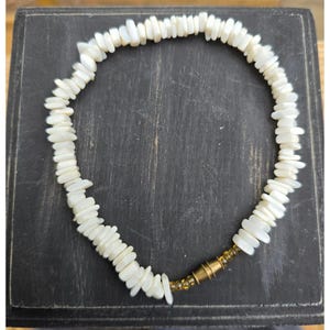 May include: A white shell necklace with a brass clasp. The necklace is made of small, irregular-shaped white shell pieces strung together. The clasp is a gold color and connects the two ends of the necklace.