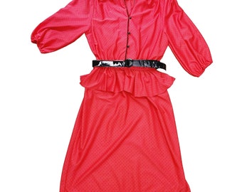Vintage 70's Ms. World of California Peplum Hem Polka Dot Belted Dress Sz 12